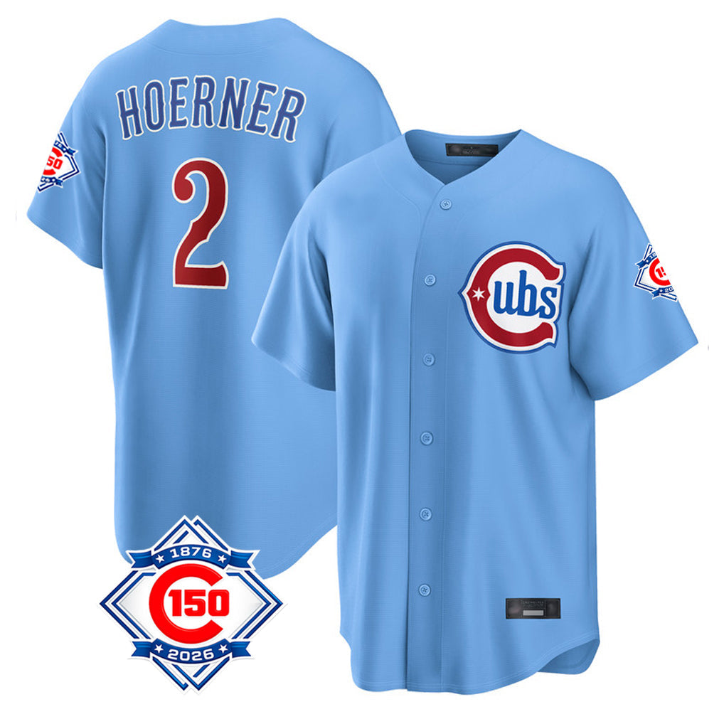 Pouc C.Cubs #2 Nico Hoerner Player Light Blue 150th Anniversary Home Game Stitched Jerseys