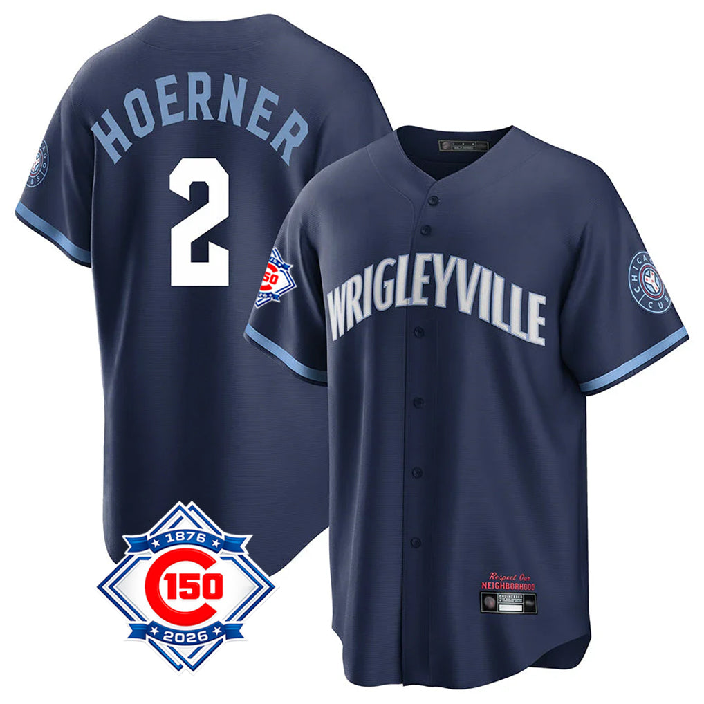 Pouc C.Cubs #2 Nico Hoerner Player Navy 150th Anniversary City Connect Home Game Stitched Jerseys