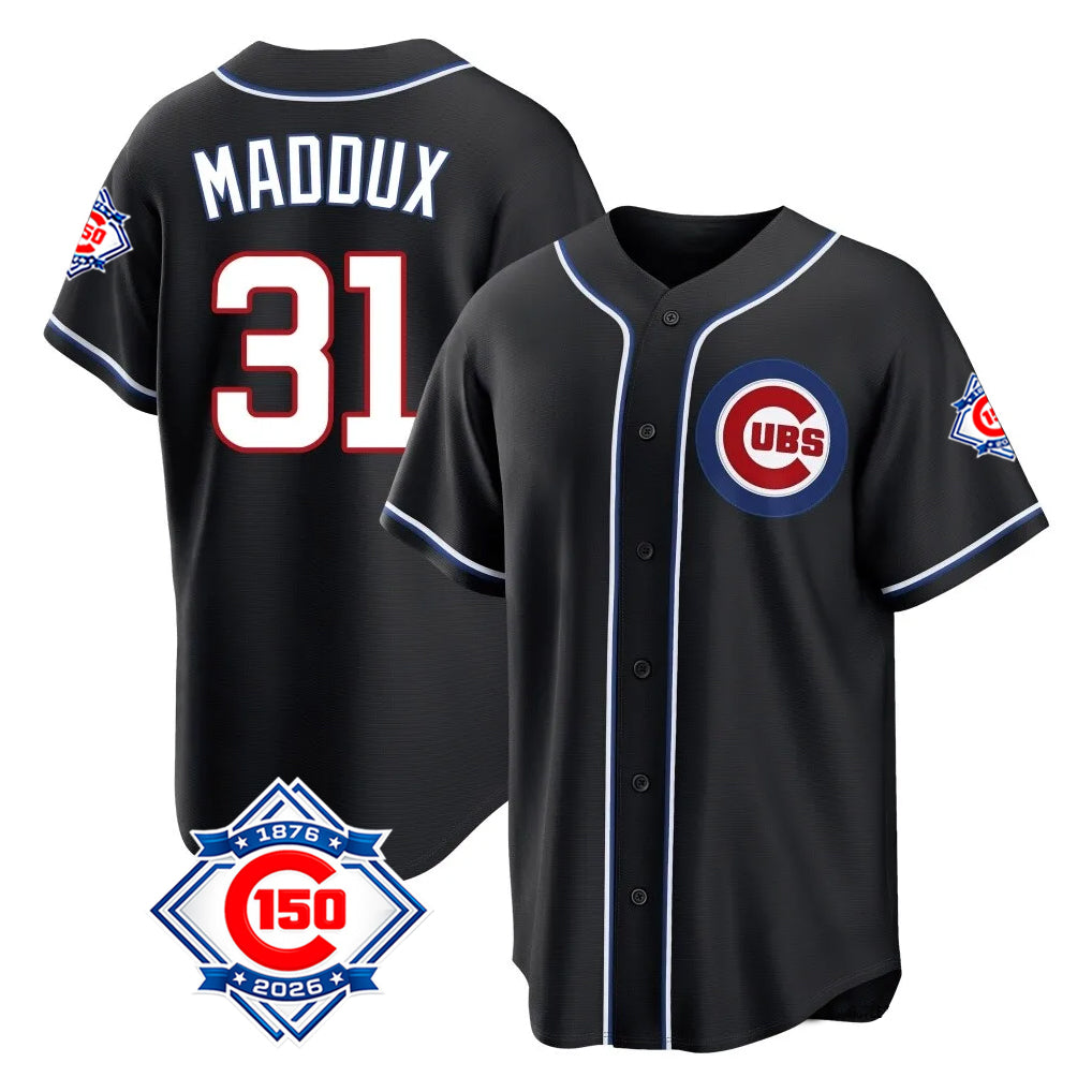 Pouc C.Cubs #31 Greg Maddux Player Black Fashion Out 150th Anniversary Game Stitched Jerseys