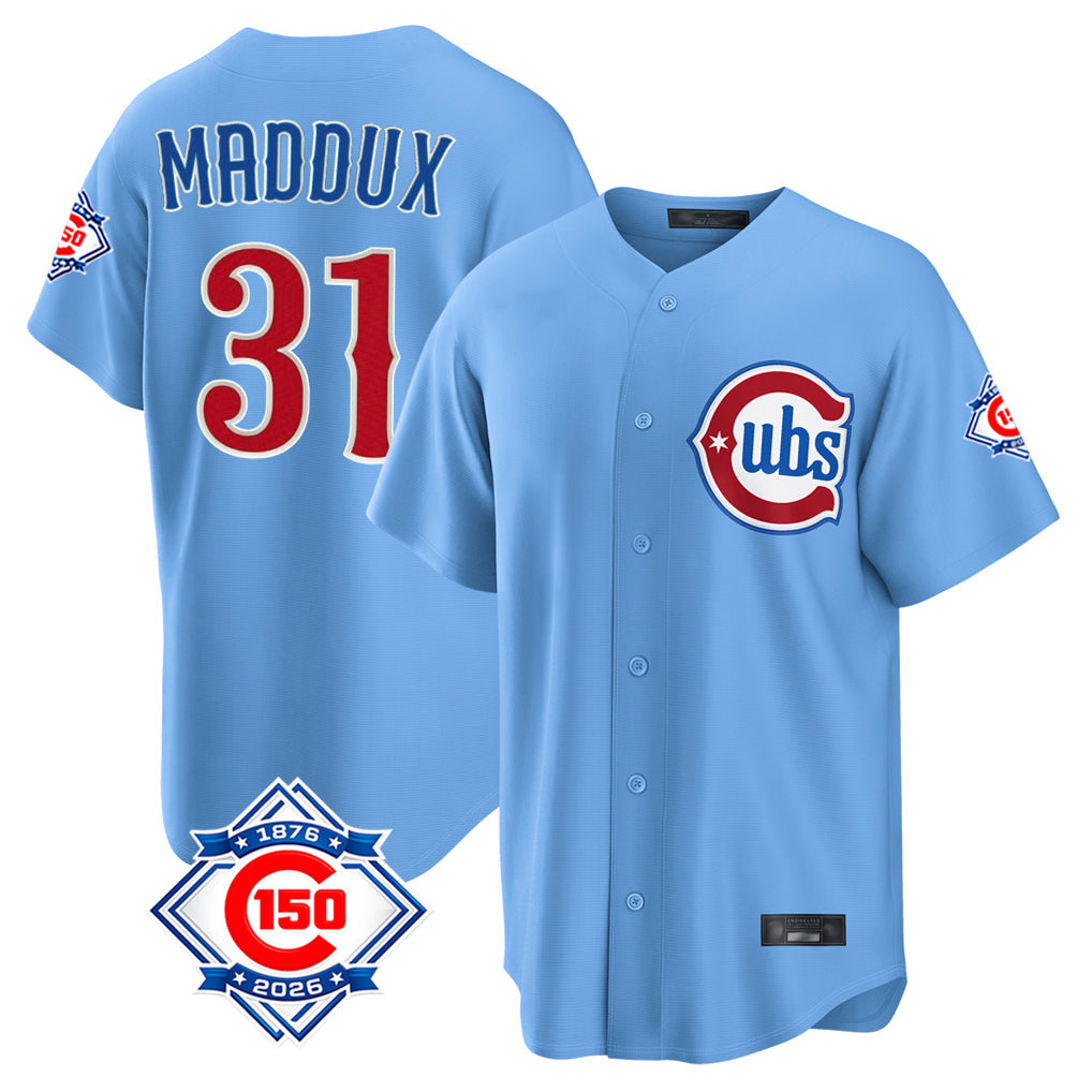 Pouc C.Cubs #31 Greg Maddux Player Light Blue 150th Anniversary Home Game Stitched Jerseys