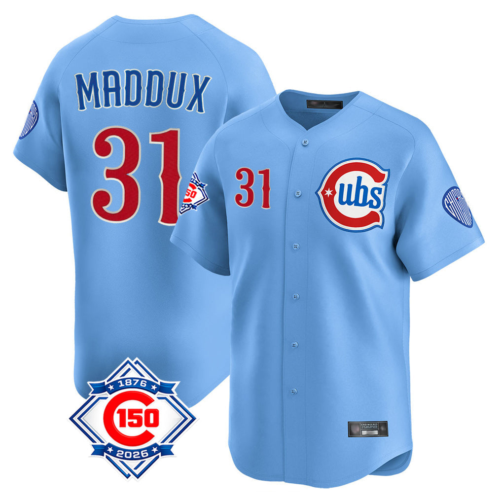 Pouc C.Cubs #31 Greg Maddux Player Light Blue 150th Anniversary Limited Home Stitched Jerseys
