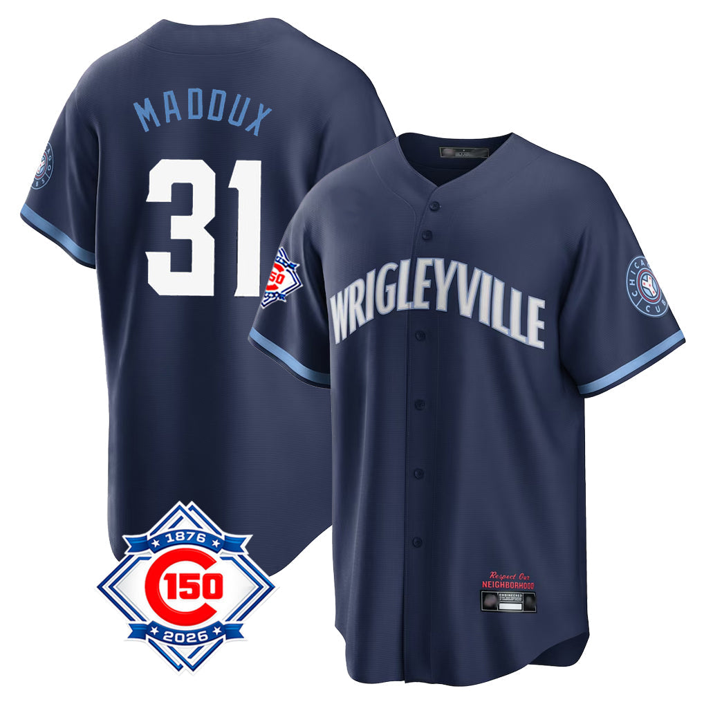 Pouc C.Cubs #31 Greg Maddux Player Navy 150th Anniversary City Connect Home Game Stitched Jerseys