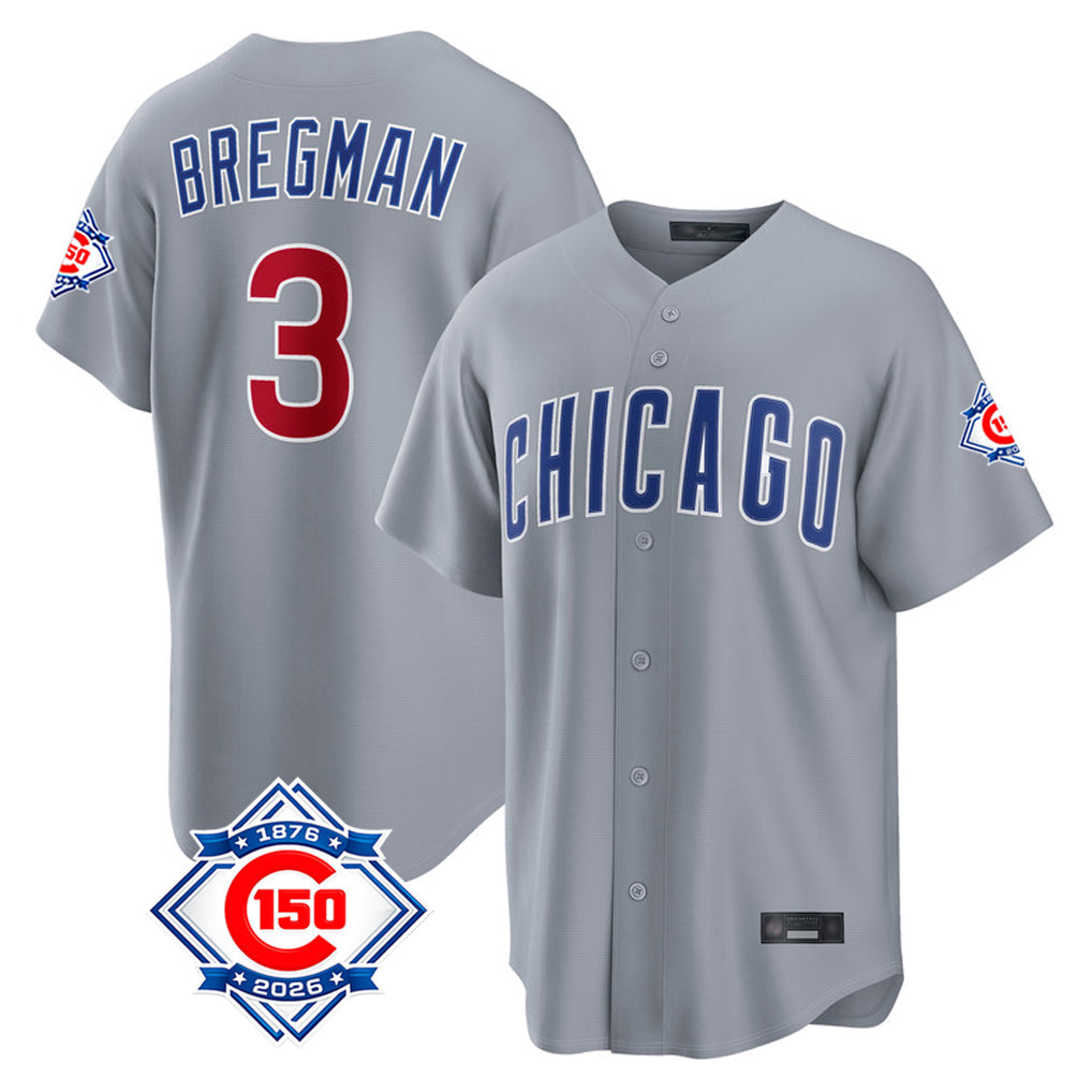 Pouc C.Cubs #3 Alex Bregman Gray 150th Anniversary Home Game Stitched Jerseys