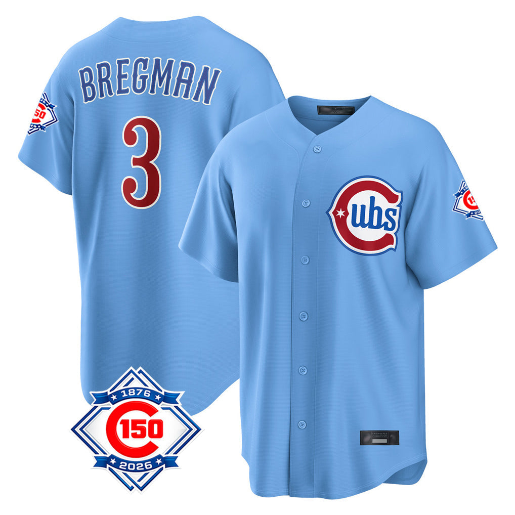Pouc C.Cubs #3 Alex Bregman Light Blue 150th Anniversary Home Game Stitched Jerseys