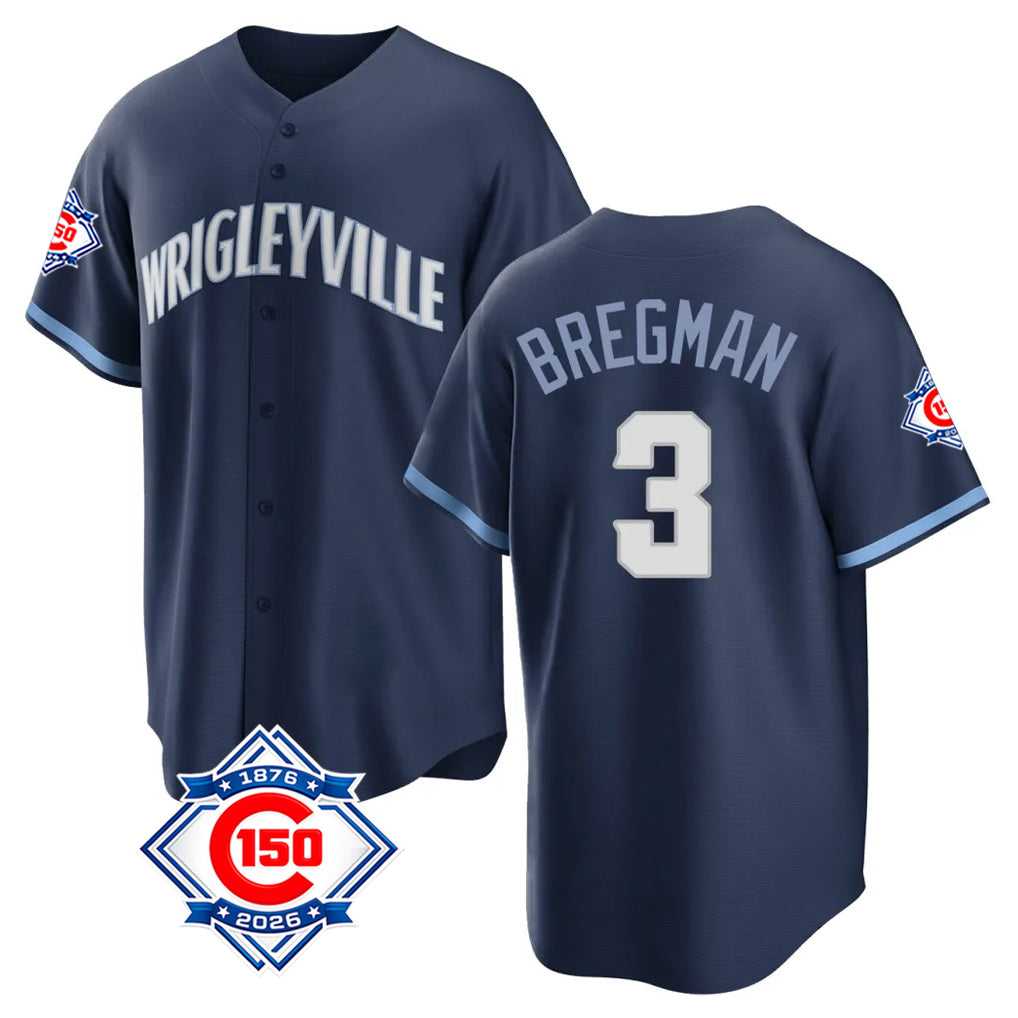 Pouc C.Cubs #3 Alex Bregman Navy 150th Anniversary City Connect Home Game Stitched Jerseys