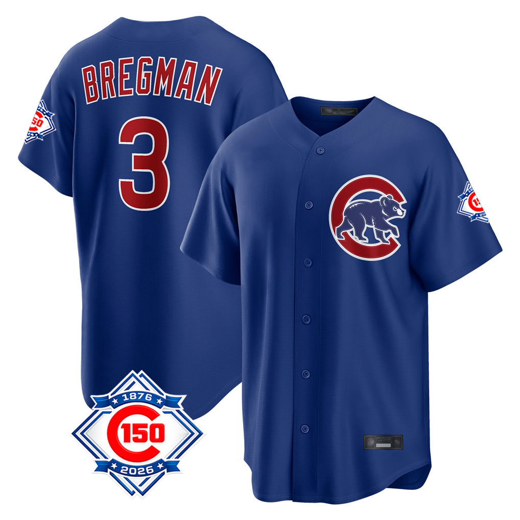 Pouc C.Cubs #3 Alex Bregman Royal 150th Anniversary Home Game Stitched Jerseys