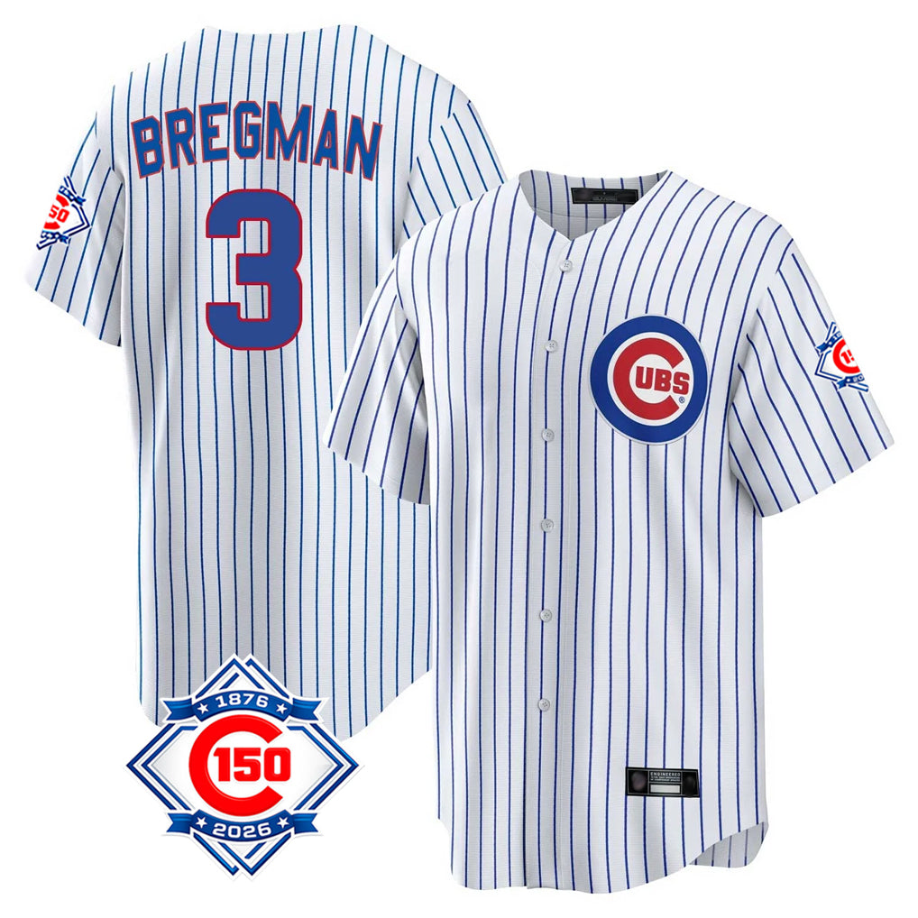Pouc C.Cubs #3 Alex Bregman White 150th Anniversary Home Game Stitched Jerseys