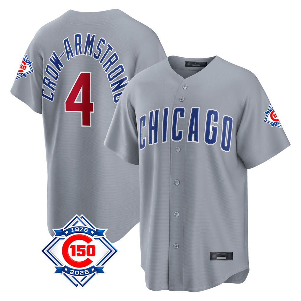 Pouc C.Cubs #4 Pete Crow-Armstrong Player Gray 150th Anniversary Home Game Stitched Jerseys