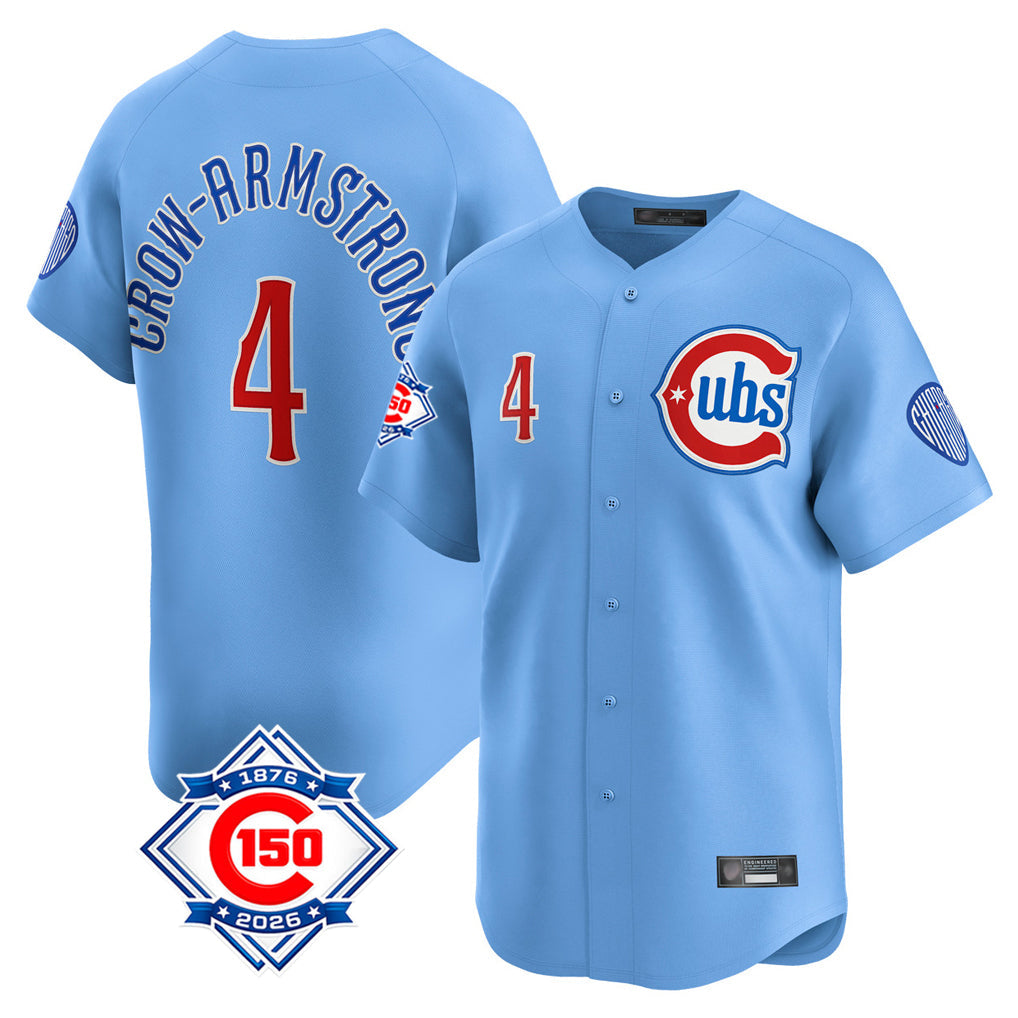 Pouc C.Cubs #4 Pete Crow-Armstrong Player Light Blue 150th Anniversary Limited Home Stitched Jerseys