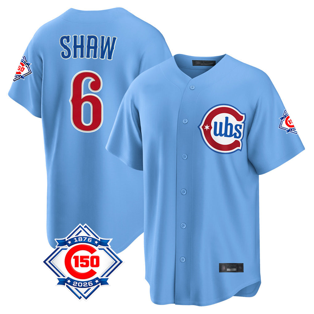 Pouc C.Cubs #6 Matt Shaw Player Light Blue 150th Anniversary Home Game Stitched Jerseys