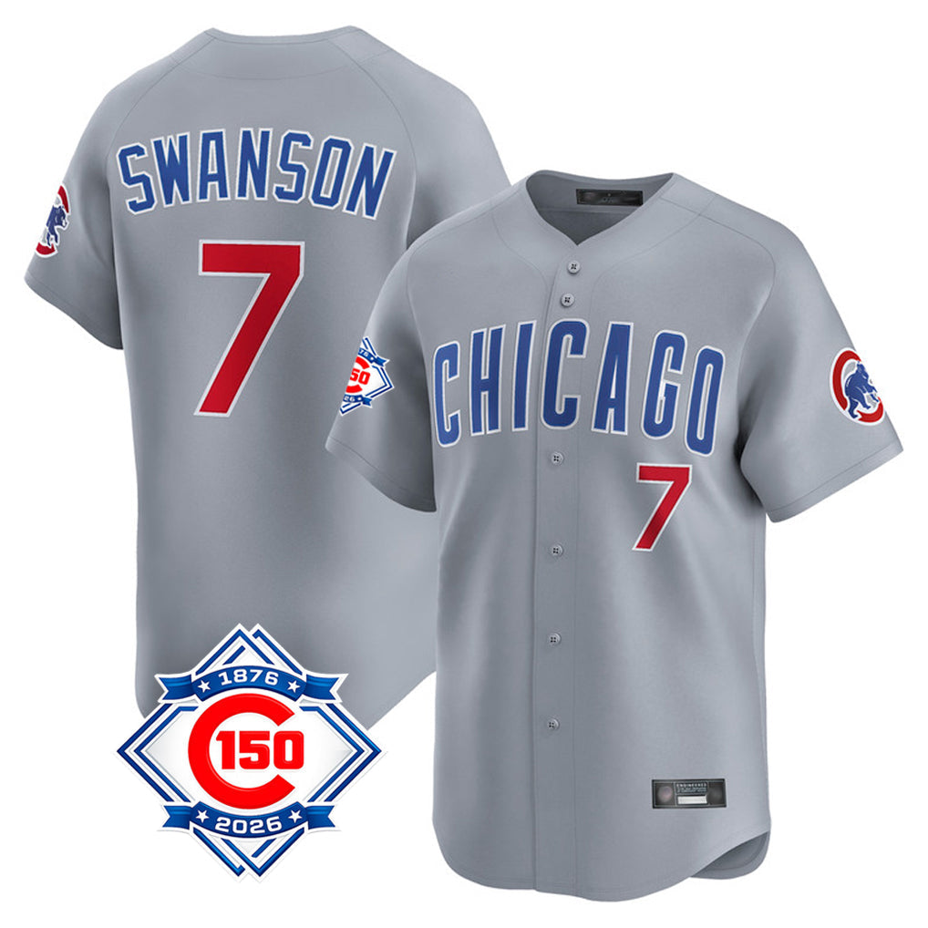 Pouc C.Cubs #7 Dansby Swanson Player Gray Road 150th Anniversary Limited Home Stitched Jerseys