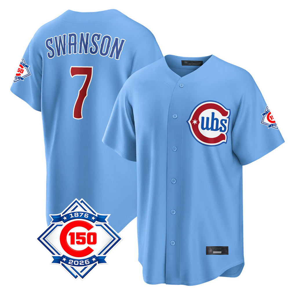 Pouc C.Cubs #7 Dansby Swanson Player Light Blue 150th Anniversary Home Game Stitched Jerseys