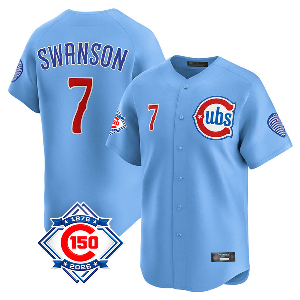 Pouc C.Cubs #7 Dansby Swanson Player Light Blue 150th Anniversary Limited Home Stitched Jerseys