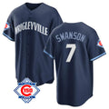 Pouc C.Cubs #7 Dansby Swanson Player Navy 150th Anniversary City Connect Home Game Stitched Jerseys