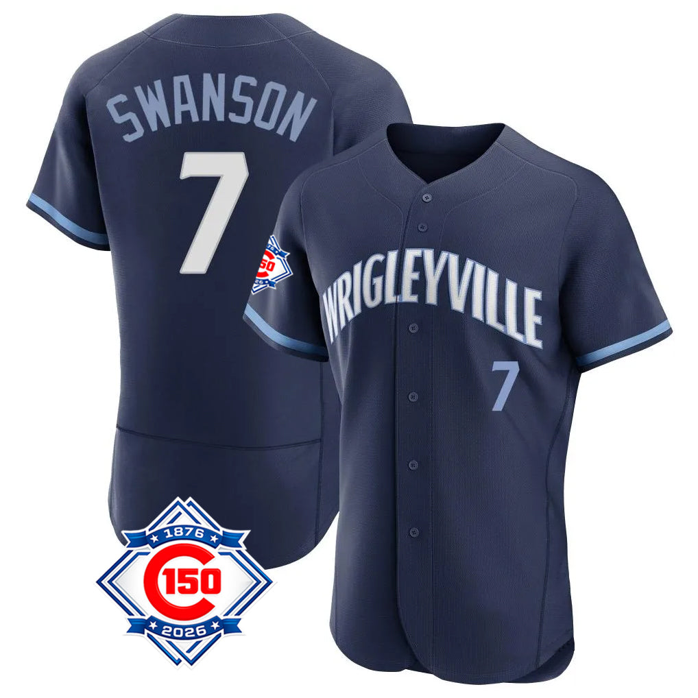 Pouc C.Cubs #7 Dansby Swanson Player Navy City Connect 150th Anniversary Limited Elite Home Stitched Jerseys