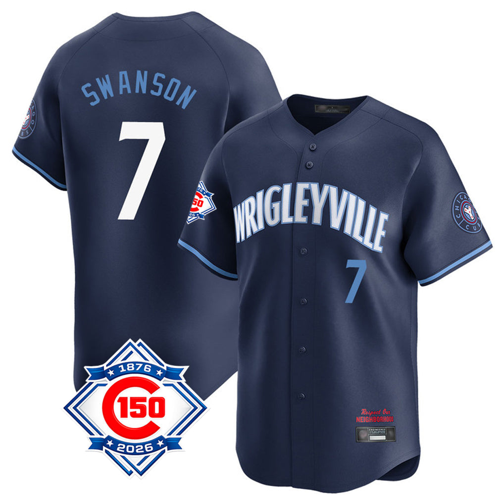 Pouc C.Cubs #7 Dansby Swanson Player Navy City Connect 150th Anniversary Limited Home Stitched Jerseys