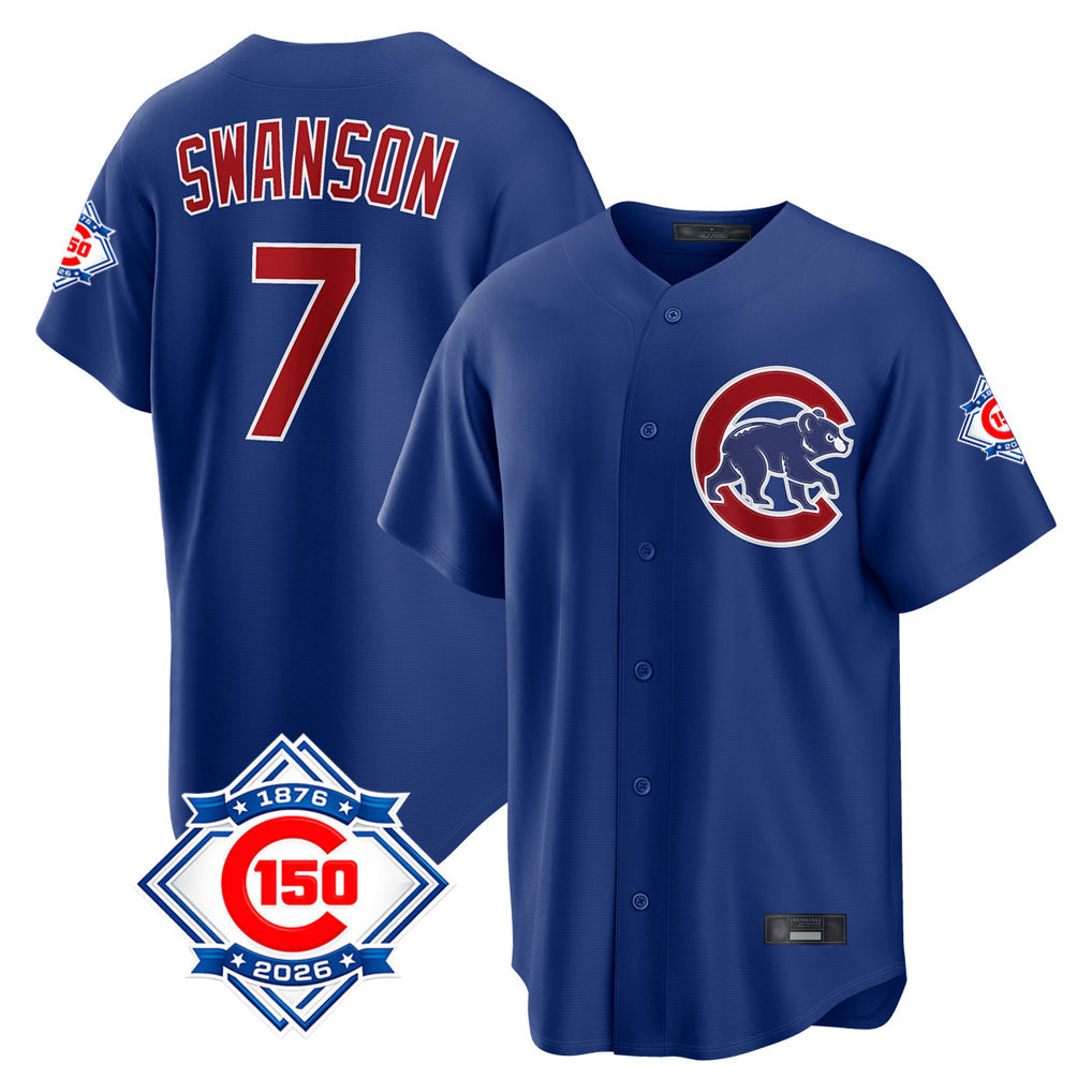 Pouc C.Cubs #7 Dansby Swanson Player Royal 150th Anniversary Home Game Stitched Jerseys