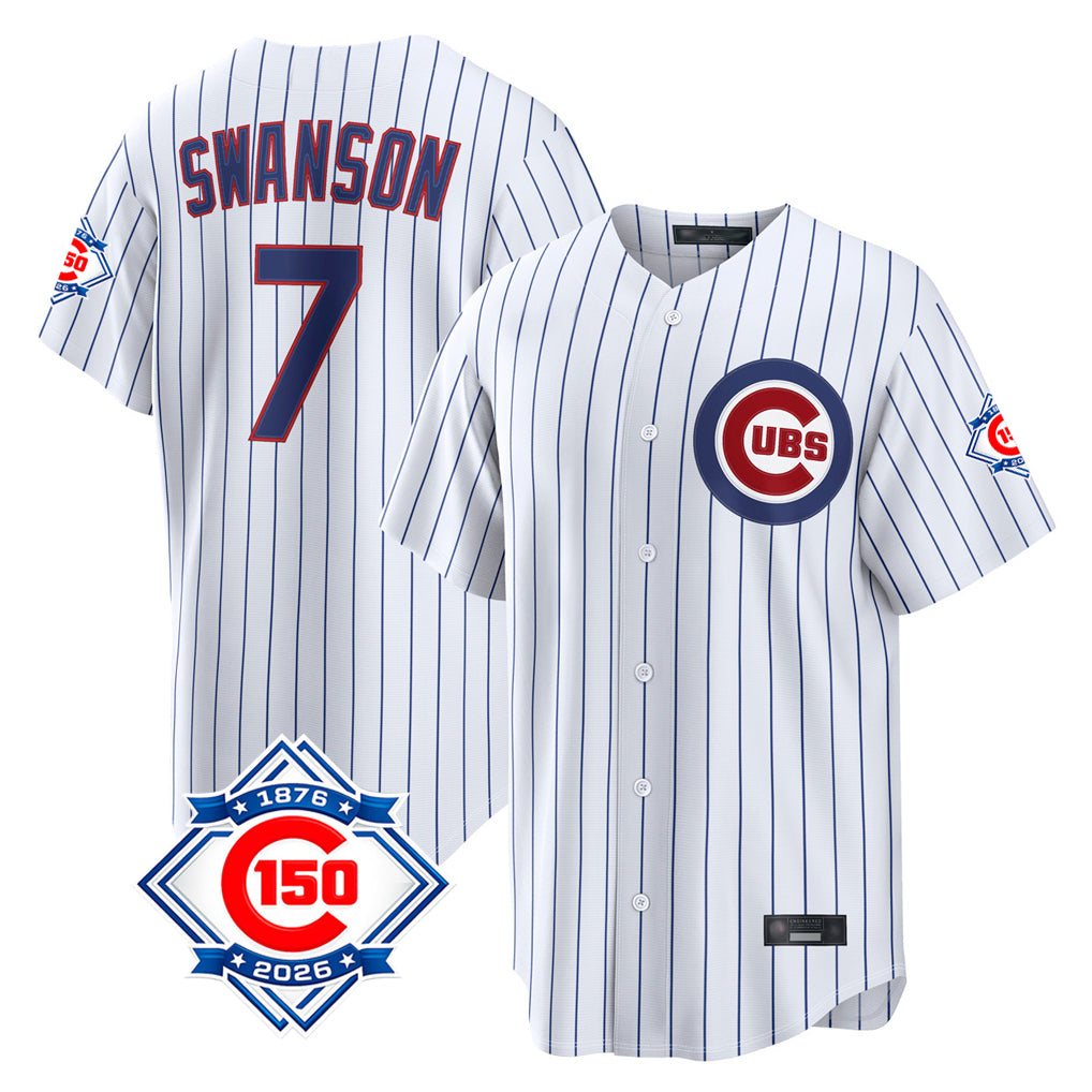 Pouc C.Cubs #7 Dansby Swanson Player White 150th Anniversary Game Home Stitched Jerseys