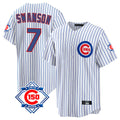 Pouc C.Cubs #7 Dansby Swanson Player White 150th Anniversary Home Game Stitched Jerseys