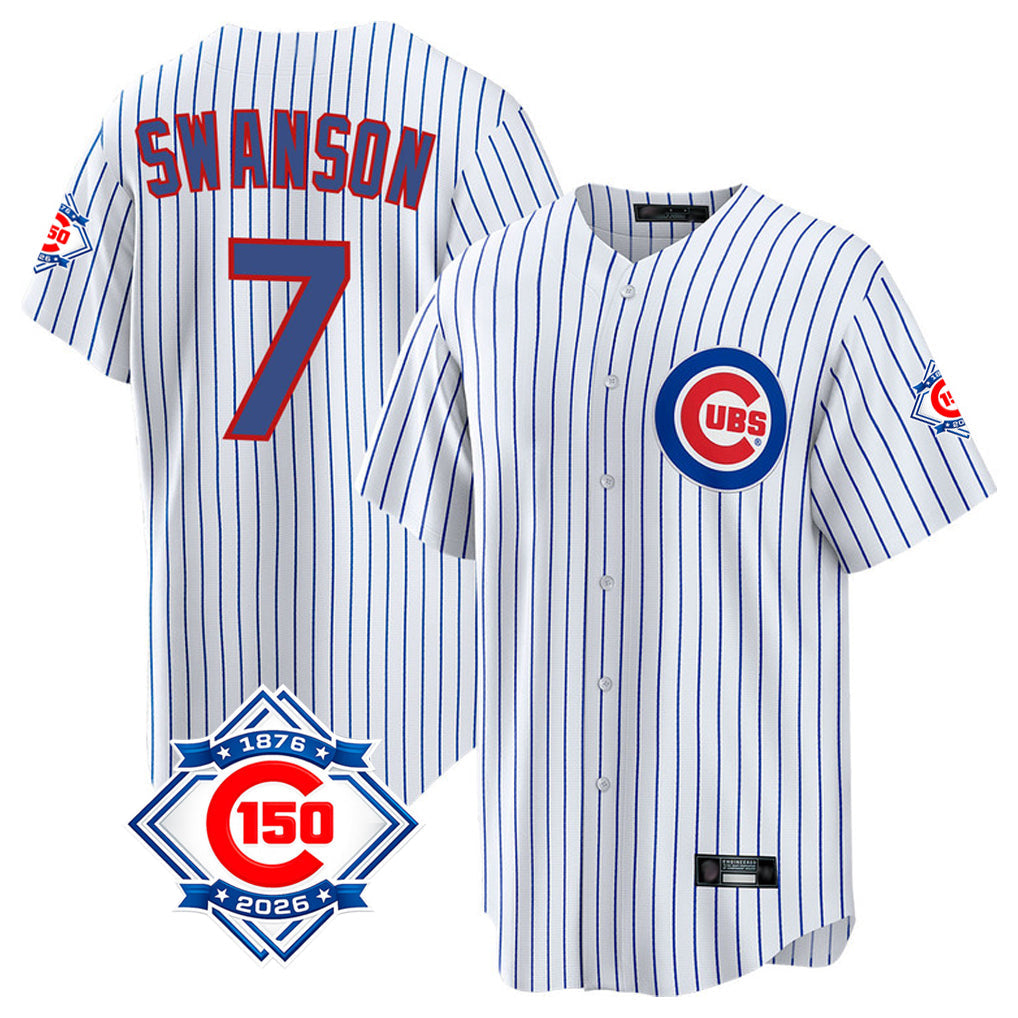 Pouc C.Cubs #7 Dansby Swanson Player White 150th Anniversary Home Game Stitched Jerseys