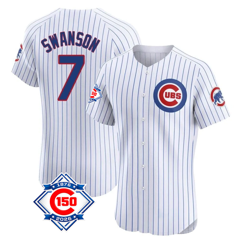 Pouc C.Cubs #7 Dansby Swanson Player White 150th Anniversary Limited Elite Home Game Stitched Jerseys
