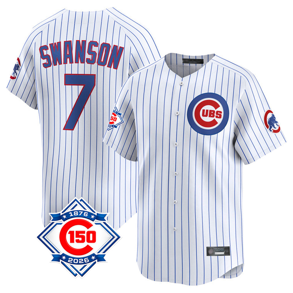 Pouc C.Cubs #7 Dansby Swanson Player White 150th Anniversary Limited Home Game Stitched Jerseys