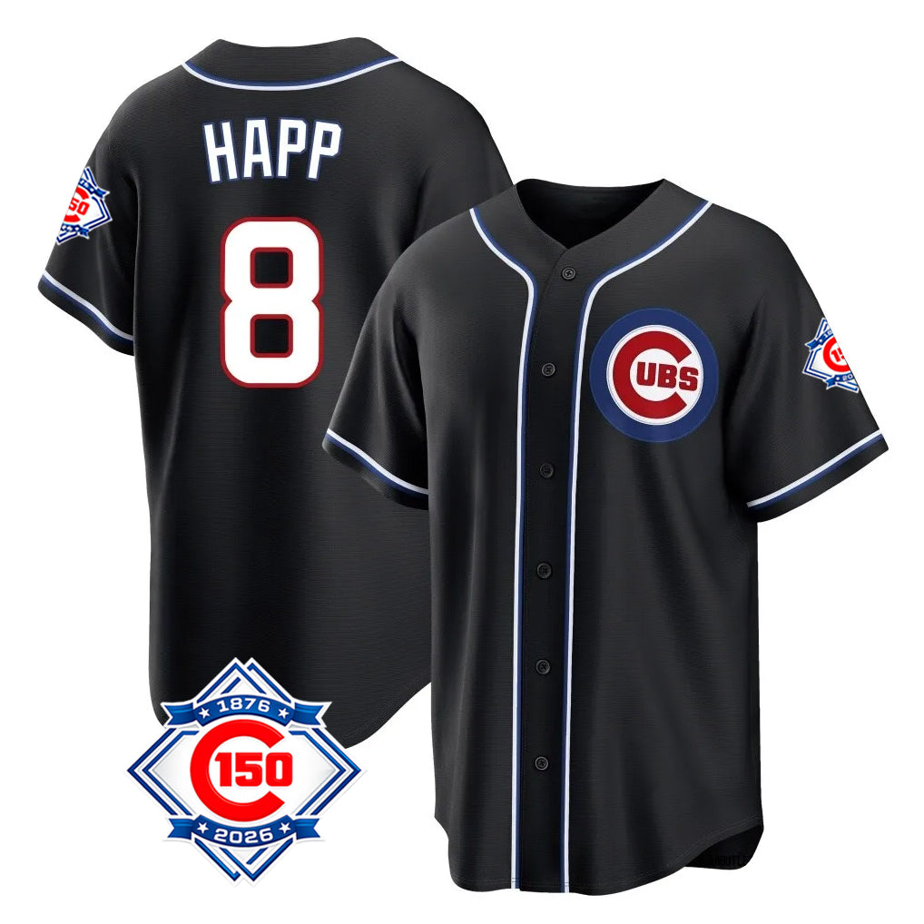 Pouc C.Cubs #8 Ian Happ Player Black Fashion Out 150th Anniversary Game Stitched Jerseys