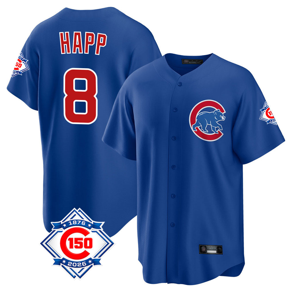 Pouc C.Cubs #8 Ian Happ Player Royal 150th Anniversary Home Game Stitched Jerseys