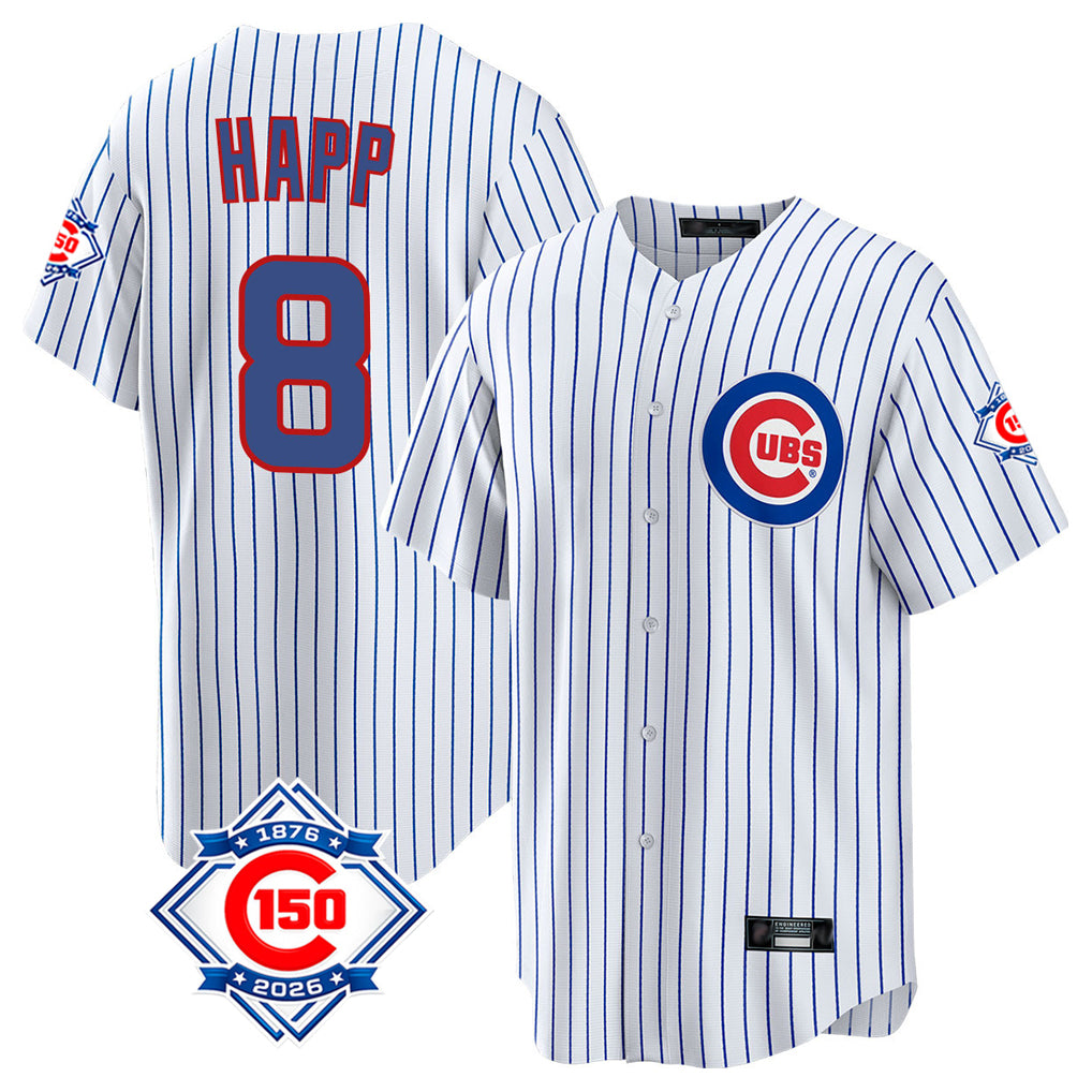Pouc C.Cubs #8 Ian Happ Player White 150th Anniversary Home Game Stitched Jerseys