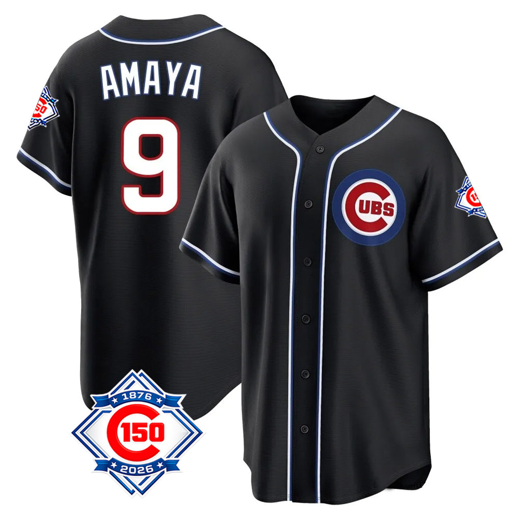 Pouc C.Cubs #9 Miguel Amaya Player Black Fashion Out 150th Anniversary Game Stitched Jerseys