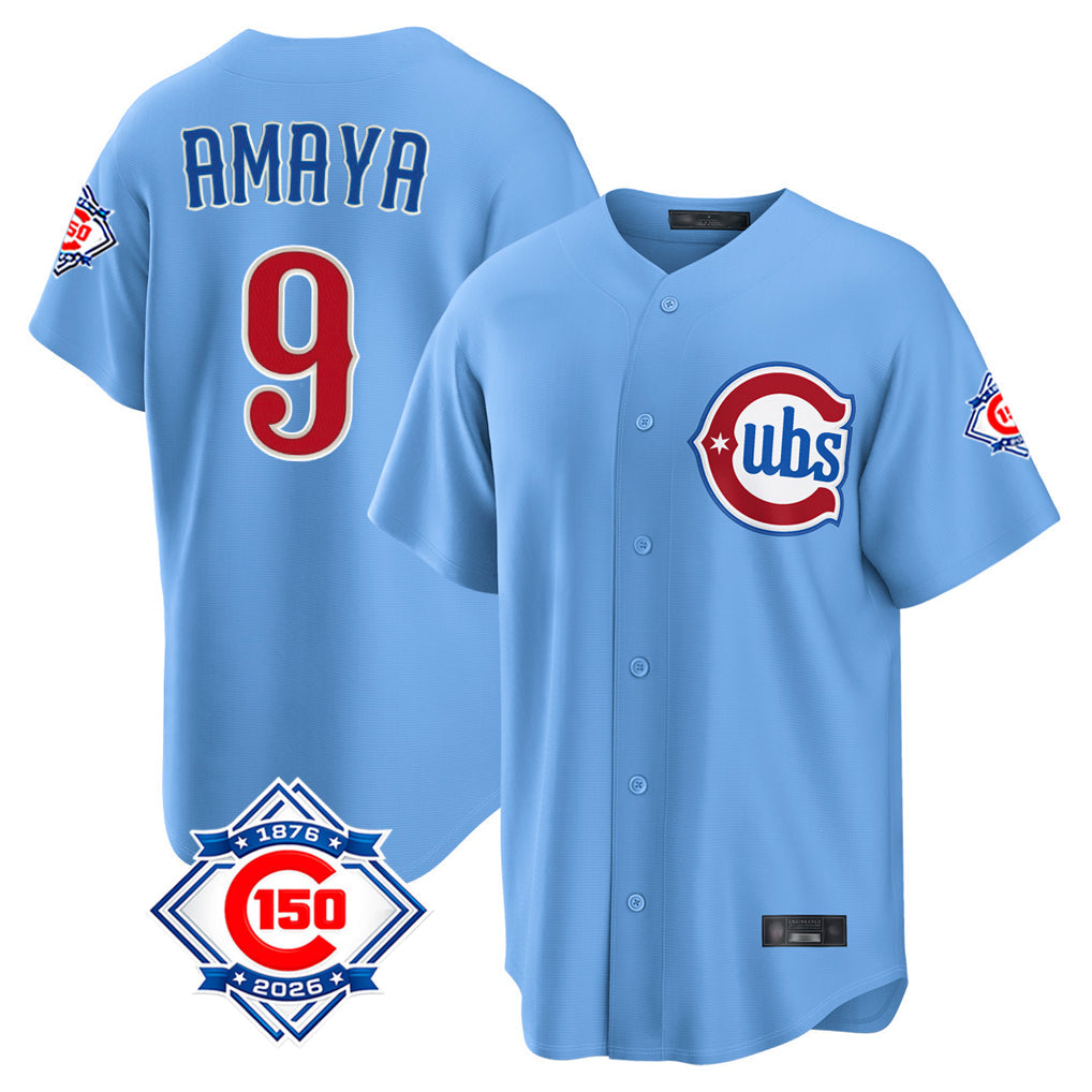 Pouc C.Cubs #9 Miguel Amaya Player Light Blue 150th Anniversary Home Game Stitched Jerseys