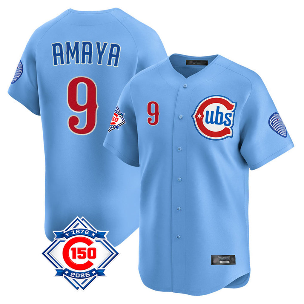Pouc C.Cubs #9 Miguel Amaya Player Light Blue 150th Anniversary Limited Home Stitched Jerseys