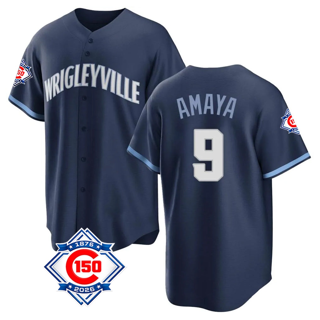 Pouc C.Cubs #9 Miguel Amaya Player Navy 150th Anniversary City Connect Home Game Stitched Jerseys