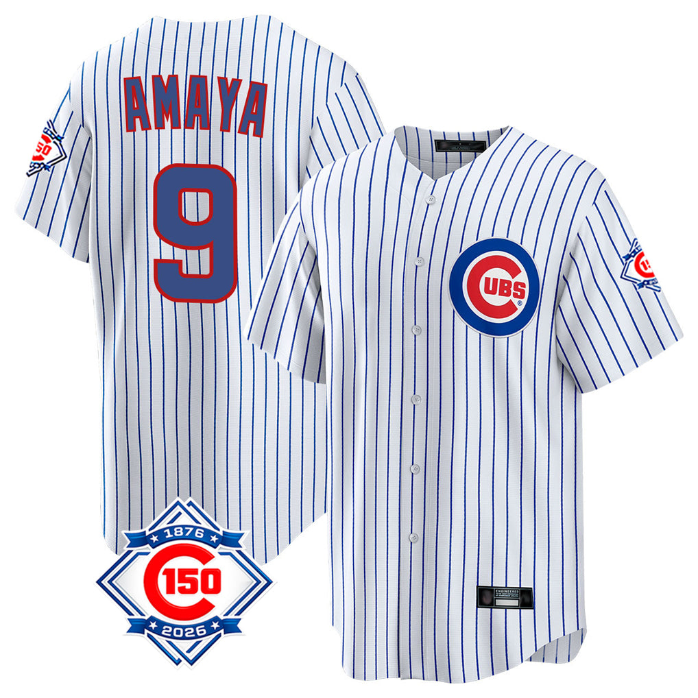 Pouc C.Cubs #9 Miguel Amaya Player White 150th Anniversary Home Game Stitched Jerseys