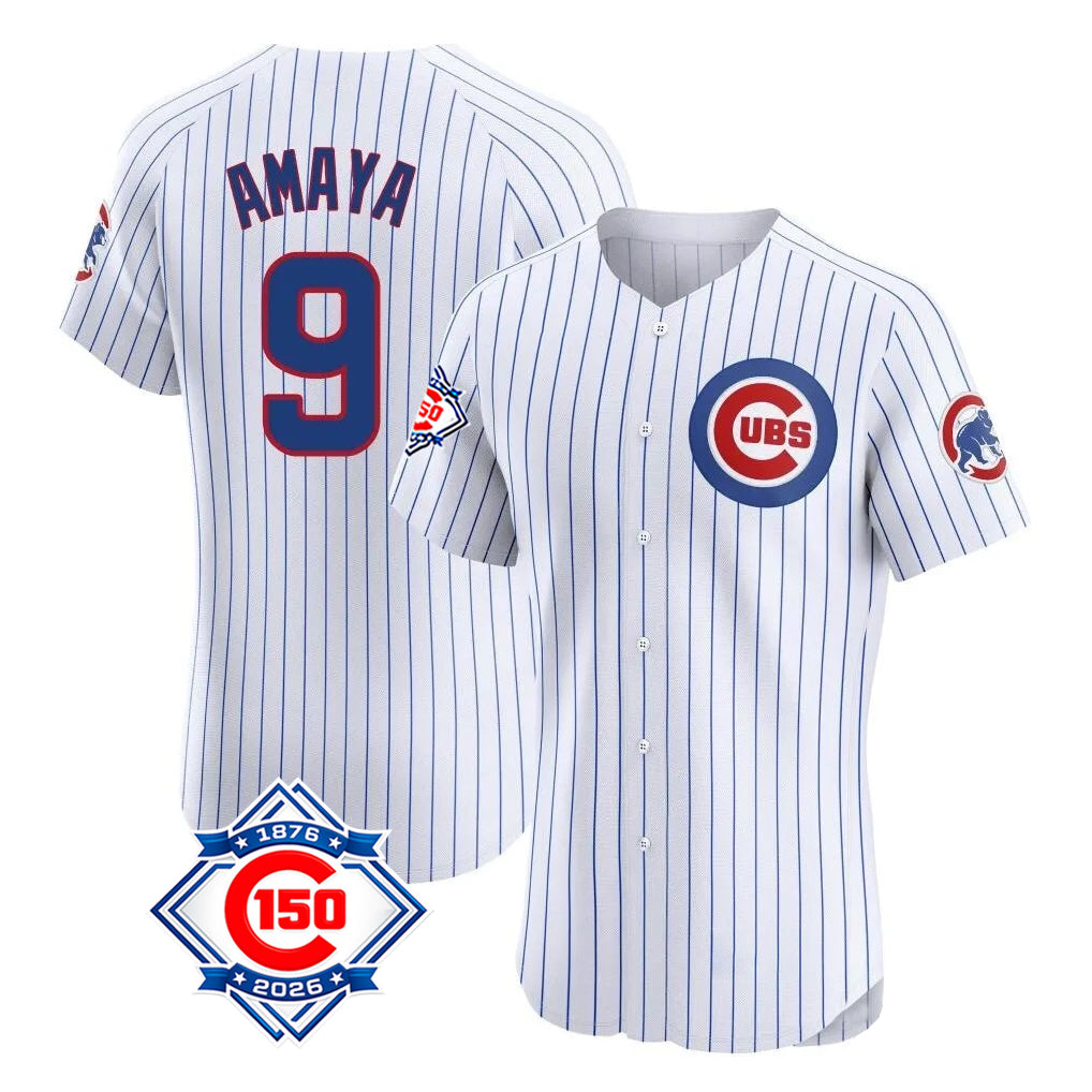Pouc C.Cubs #9 Miguel Amaya Player White 150th Anniversary Limited Elite Home Game Stitched Jerseys
