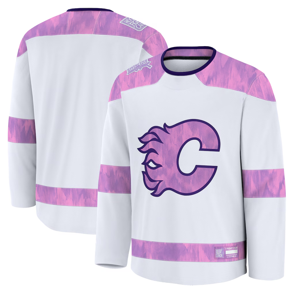 Pouc C.Flames White 2024 Hockey Fights Cancer Practice Jerseys