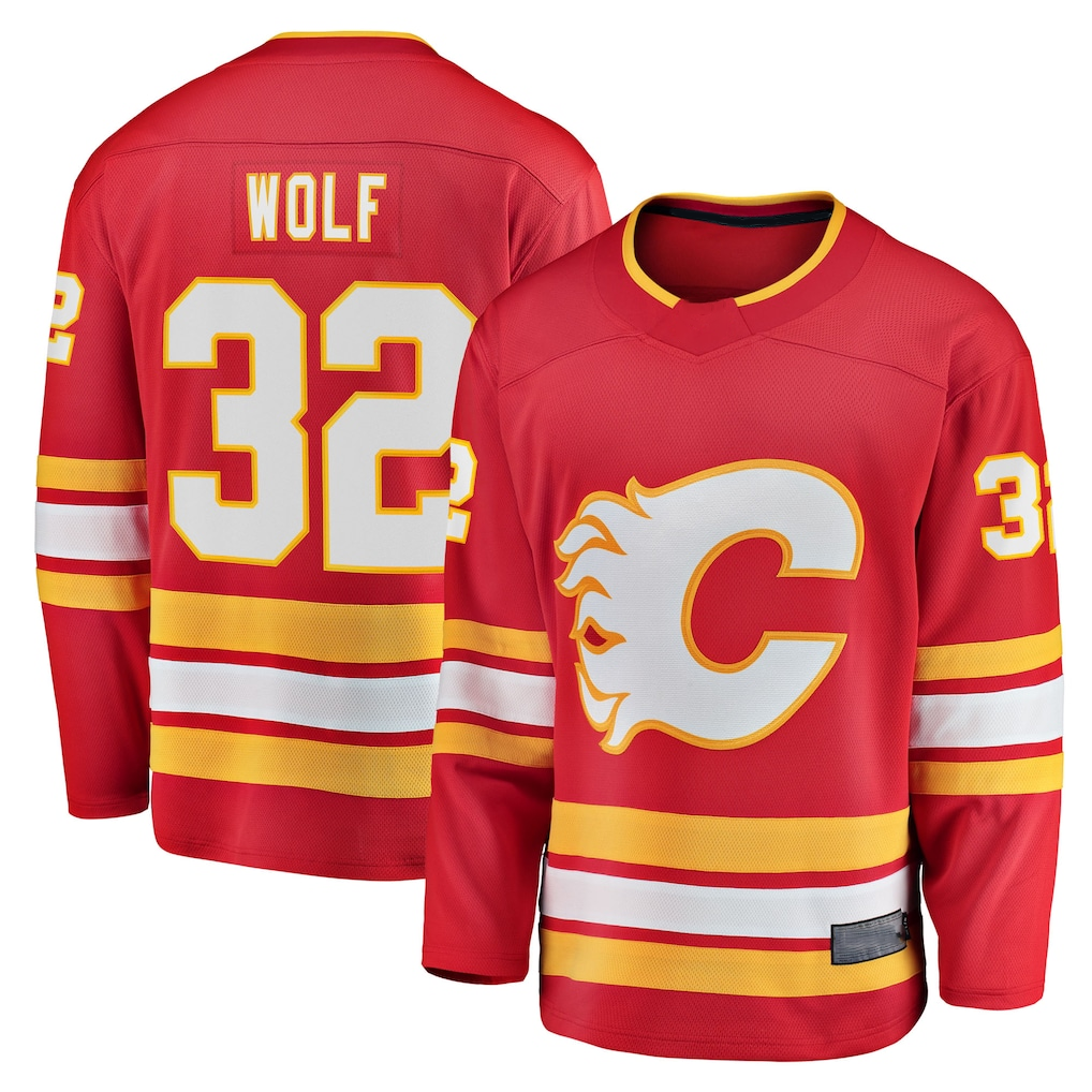 Pouc C.Flames #32 Dustin Wolf Red Home Breakaway Jerseys