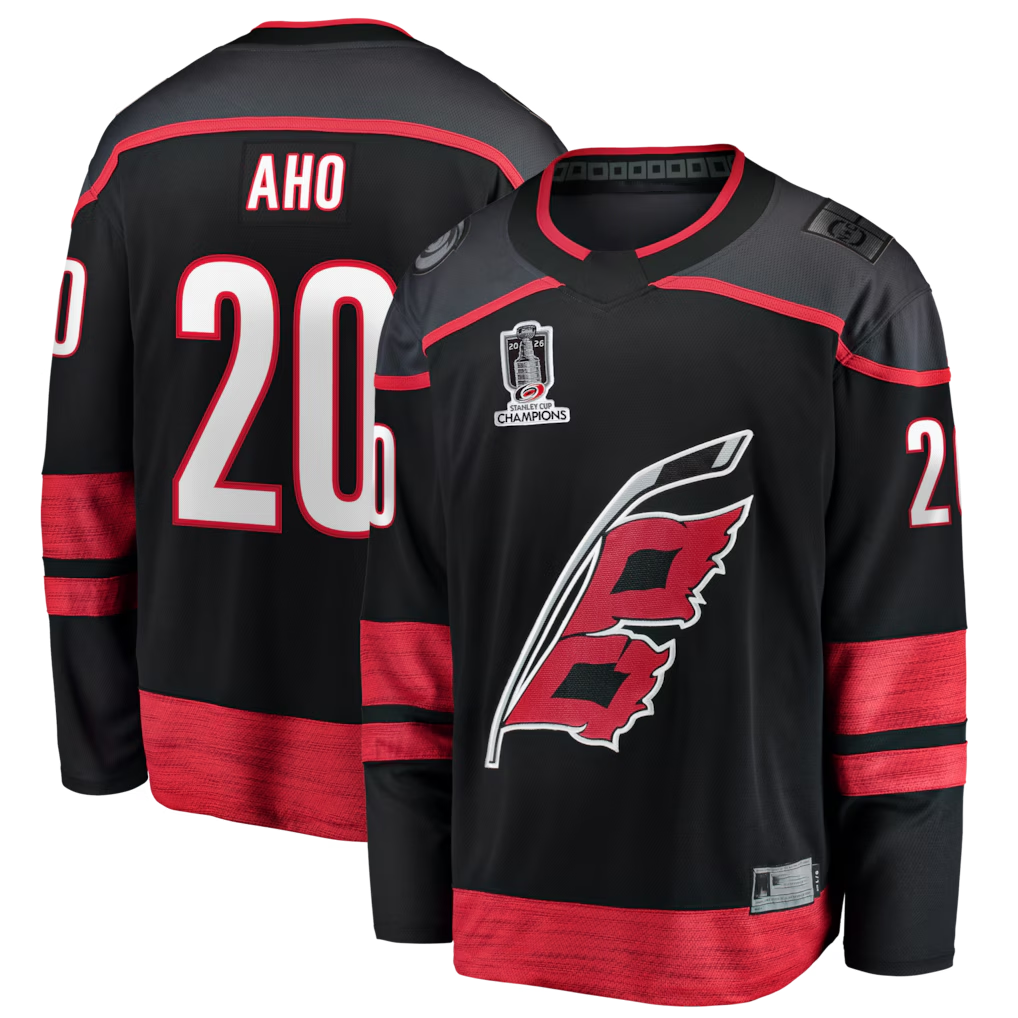 Pouc C.Hurricanes #20 Sebastian Aho Black 2026 Stanley Cup Champions Home Breakaway Stitched Jerseys