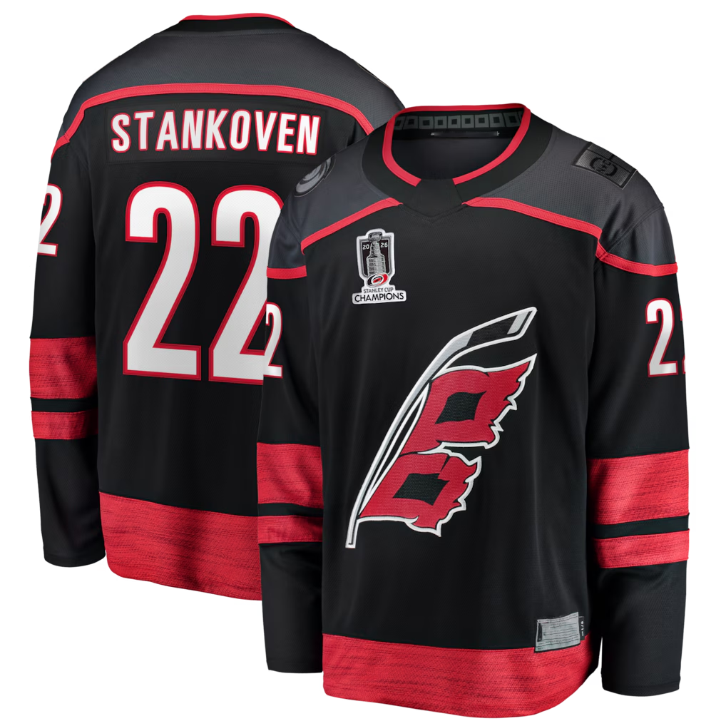 Pouc C.Hurricanes #22 Logan Stankoven Black 2026 Stanley Cup Champions Home Breakaway Stitched Jerseys