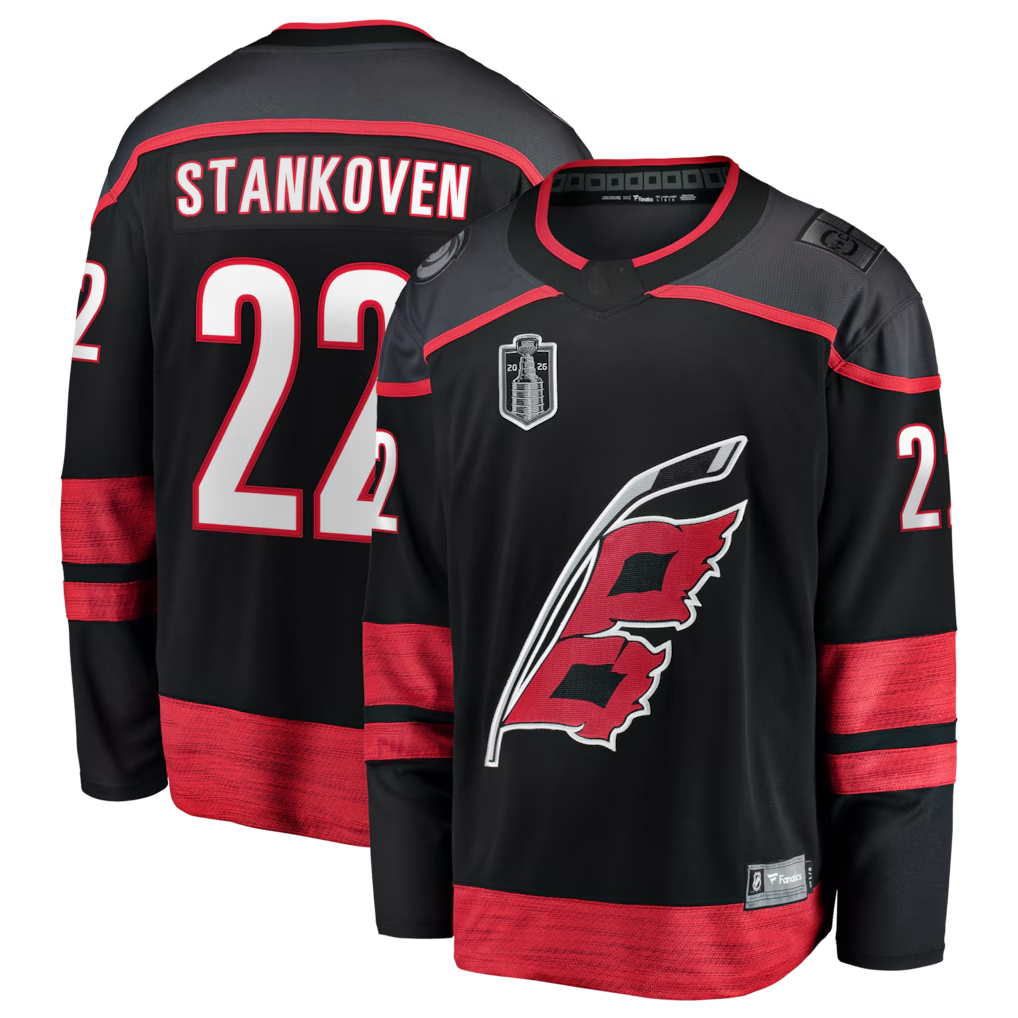Pouc C.Hurricanes #22 Logan Stankoven Black 2026 Stanley Cup Final Home Breakaway Stitched Jerseys
