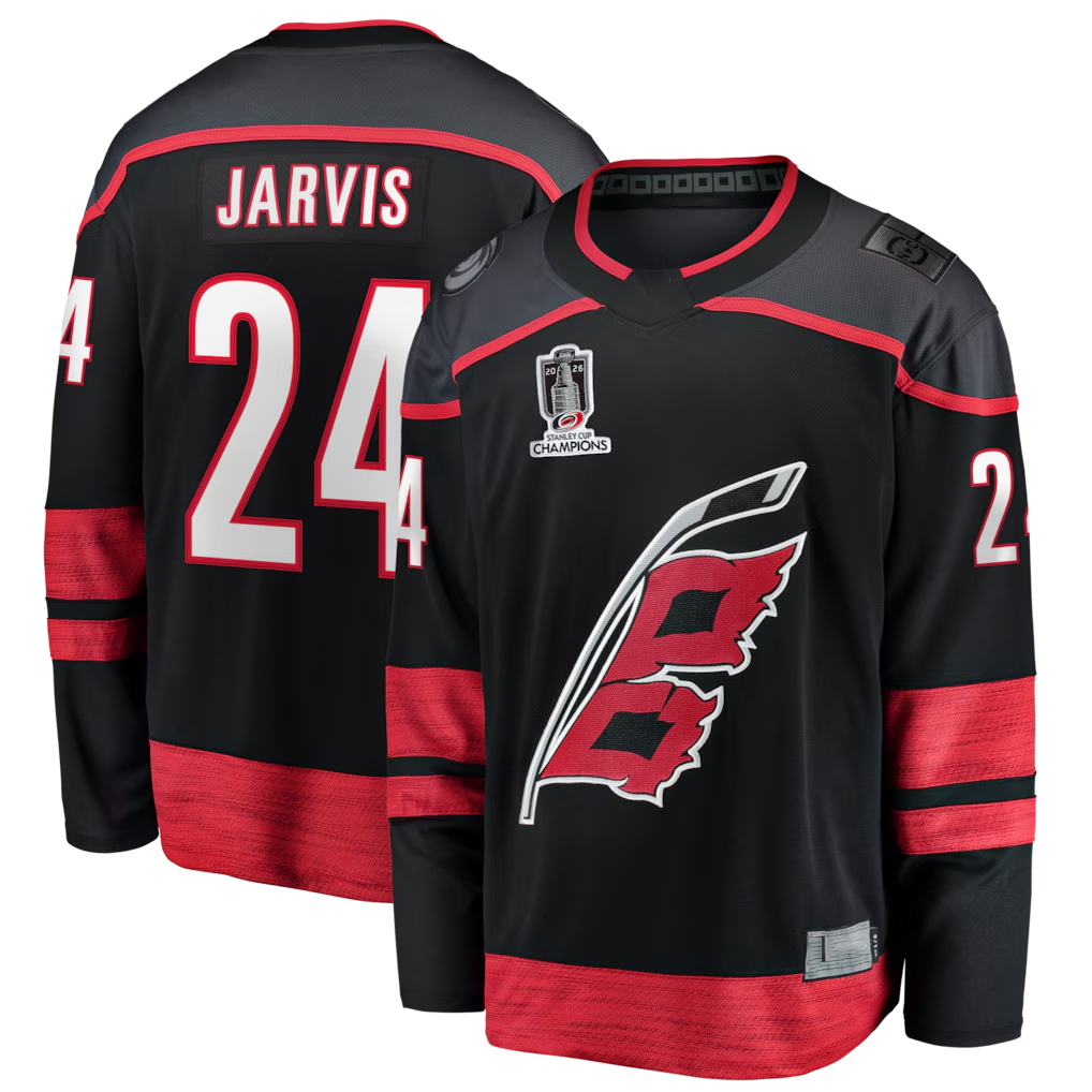 Pouc C.Hurricanes #24 Seth Jarvis Black 2026 Stanley Cup Champions Home Breakaway Stitched Jerseys