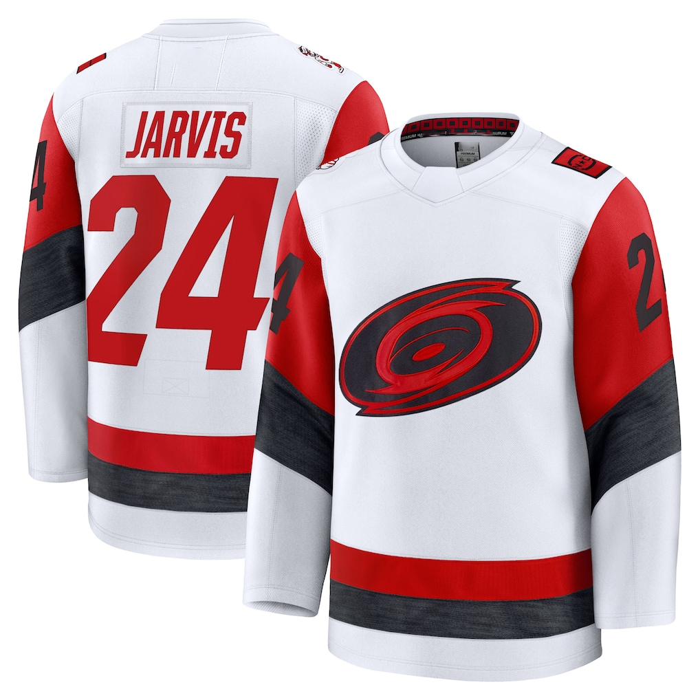 Pouc C.Hurricanes #24 Seth Jarvis White Away Premium Stitched Jerseys