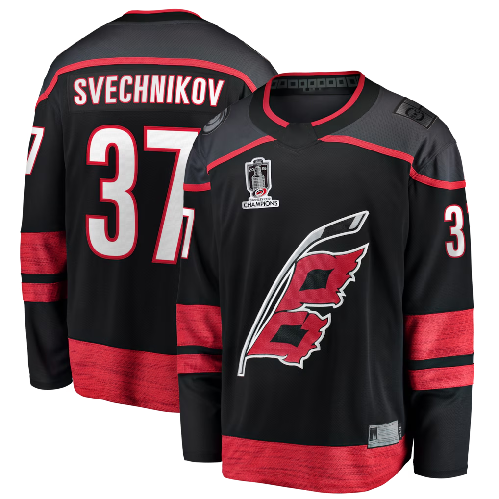Pouc C.Hurricanes #37 Andrei Svechnikov Black 2026 Stanley Cup Champions Home Breakaway Stitched Jerseys
