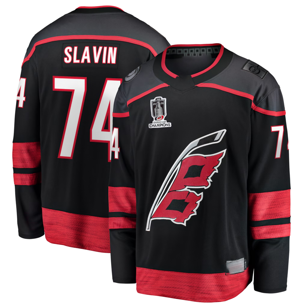 Pouc C.Hurricanes #74 Jaccob Slavin Black 2026 Stanley Cup Champions Home Breakaway Stitched Jerseys