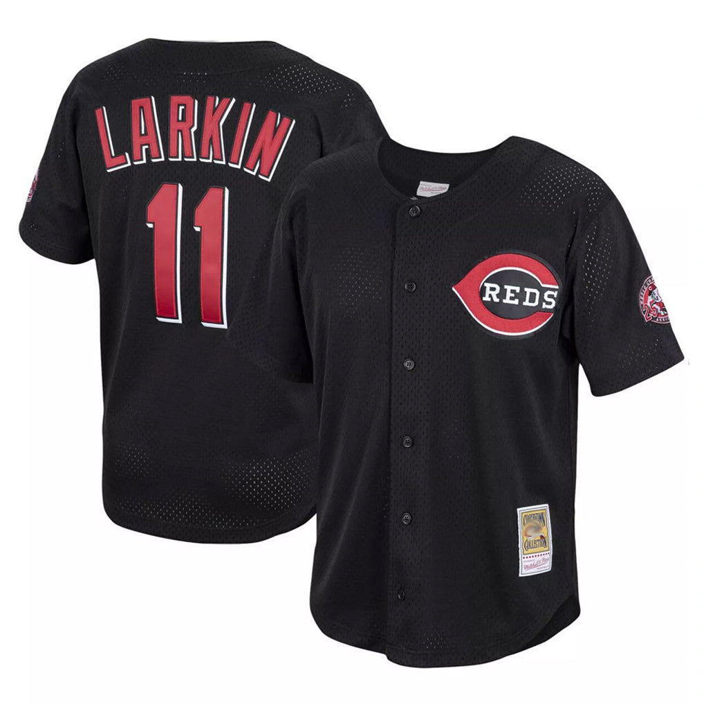 Pouc C.Reds #11 Barry Larkin Player Mitchell & Ness Black Throwback Cooperstown Mesh Game Stitched Jerseys
