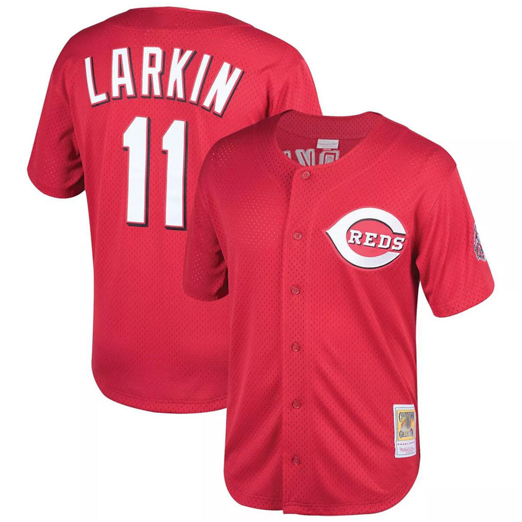 Pouc C.Reds #11 Barry Larkin Player Mitchell & Ness Red Throwback Cooperstown Mesh Game Stitched Jerseys