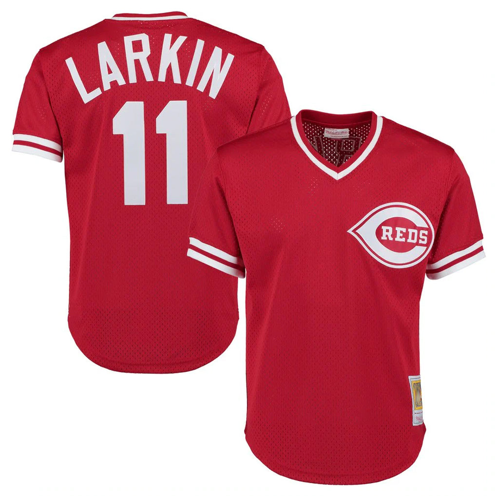 Pouc C.Reds #11 Barry Larkin Player Mitchell & Ness Red Throwback Cooperstown Mesh T-shirt Game Stitched Jerseys