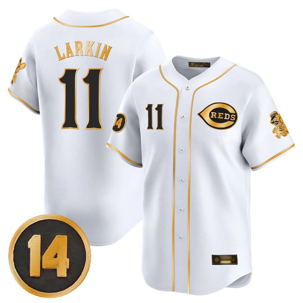 Pouc C.Reds #11 Barry Larkin Player White-Gold Vapor Premier Limited Home Stitched Jerseys