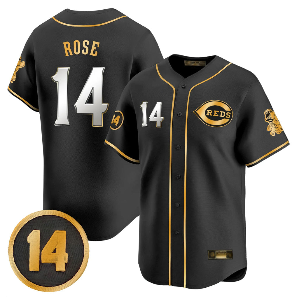 Pouc C.Reds #14 Pete Rose Player Black-Gold Vapor Premier Limited Home Stitched Jerseys