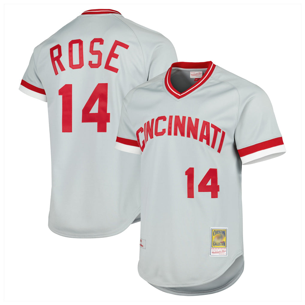 Pouc C.Reds #14 Pete Rose Player Mitchell & Ness Gray Throwback Cooperstown Mesh T-shirt Game Stitched Jerseys